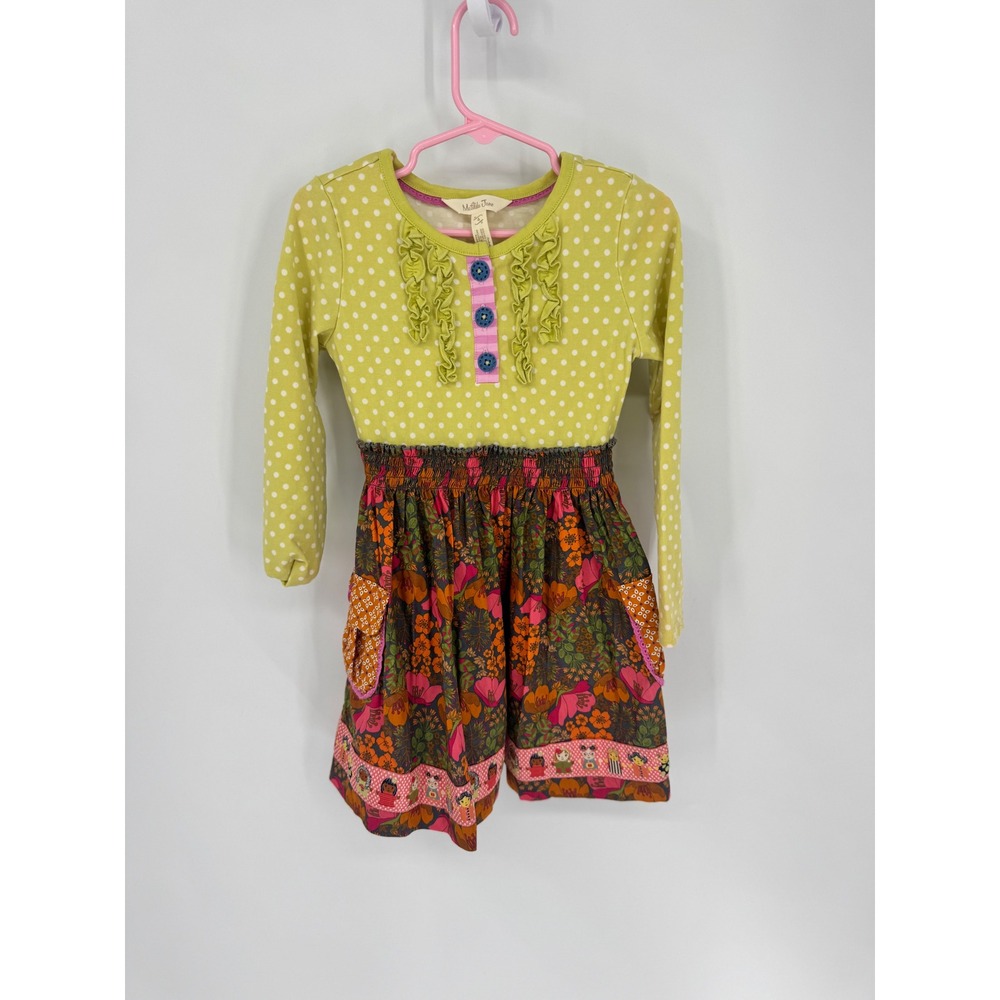 Matilda Jane Dress Girls Size 4 Green Floral Polka Dot Long Sleeve Mixed Print